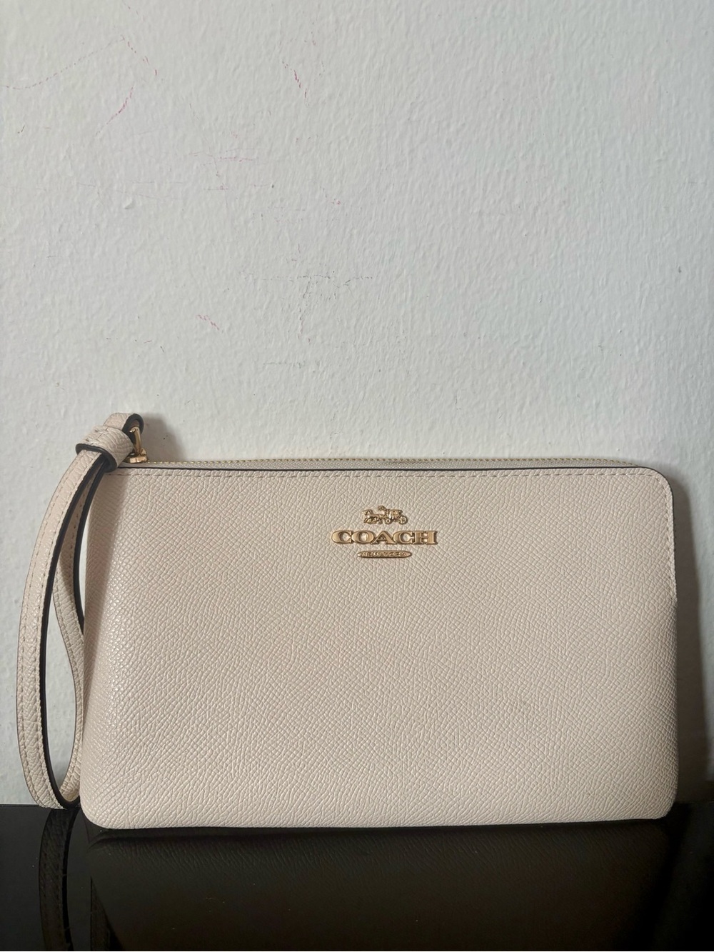 Coach Cream Pebbled Leather Wristlet with Gold Logo